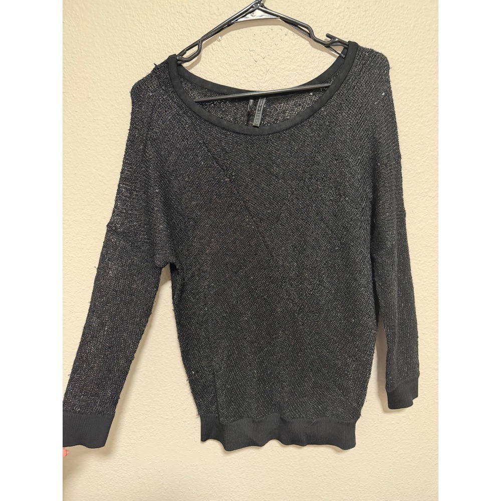 Guess Womens Black Sequin Metallic Knit Scoop Neck Sweater Long Sleeve Black
